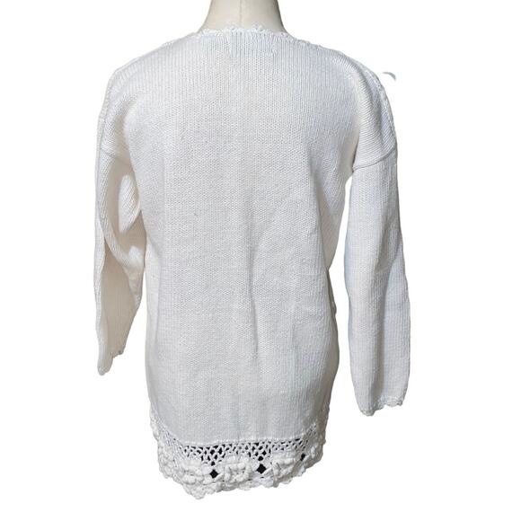 Vintage Chunky Knit embroidered Cream Beige Sweater crochet lace roses large - Picture 3 of 7
